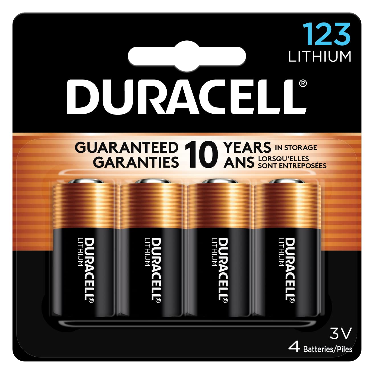 Duracell CR123A 3V Lithium Battery, 4 Count Pack, 123 3 Volt High Power Lithium Battery, Long-Lasting for Home Safety and Security Devices, High-Intensity Flashlights, and Home Automation