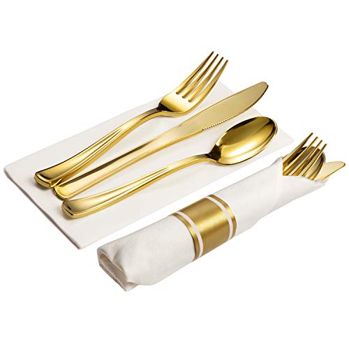 50 Pre Rolled Gold Plastic Silverware - 200pc Set, Service for 50 - Wrapped Disposable Silverware Set with Forks, Knives, Spoons, White Napkins - Fancy Decorative Flatware for Dinner, Party, Wedding