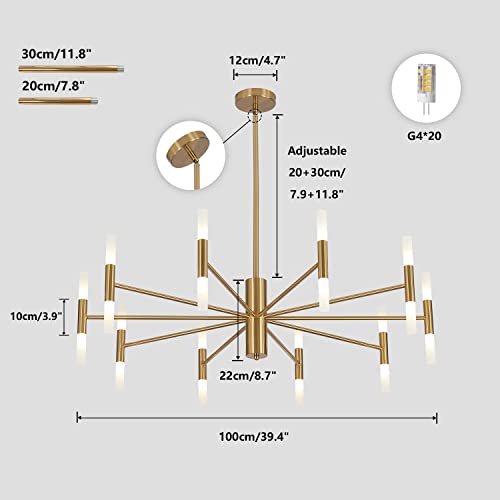 KCO Lighting Modern Gold Brass LED Sputnik Chandelier 20-Light Luxury Round Pendant Lighting Fixture with White Acrylic Lampshade for Dining Room Living Room Bedroom