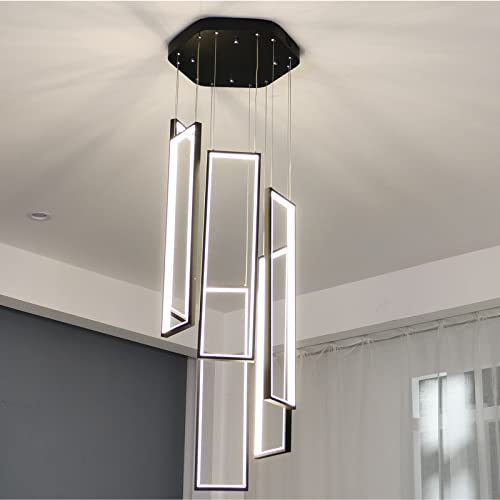 Modern Chandelier Modern Led Chandelier Adjustable Black Chandelier 6 Rings Rectangle Chandelier Living Room Foyer Chandelier Lighting Fixture High Ceiling Chandelier Hanging Modern Ceiling Light