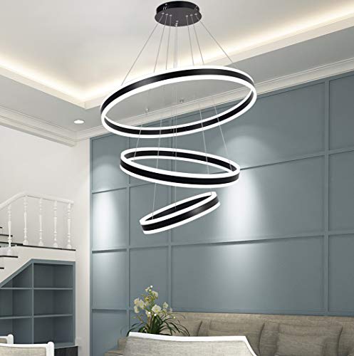 Meenyo Modern LED Chandelier Lighting Dimmable Ceiling Dining Room Chandeliers Contemporary Living Room Light Fixtures Hanging 3 Rings Bedroom Foyer Pendant Lights Black 113W 31.5"Dia