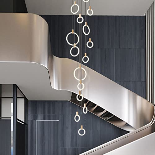 Stair Chandelier Modern LED Ceiling Chandelier Acrylic Circle Wooden Nordic Art Lighting Long Chandelier 15 Rings White Living Room Restaurant Bedroom