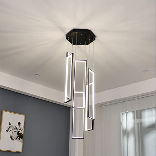 Modern Chandelier Modern Led Chandelier Adjustable Black Chandelier 6 Rings Rectangle Chandelier Living Room Foyer Chandelier Lighting Fixture High Ceiling Chandelier Hanging Modern Ceiling Light