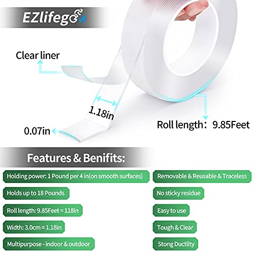 EZlifego Double Sided Tape Heavy Duty, Multipurpose Removable Mounting Tape Adhesive Grip,Reusable Strong Sticky Wall Tape Strips Transparent Tape Poster Carpet Tape for Paste Items,Household (9.85FT)