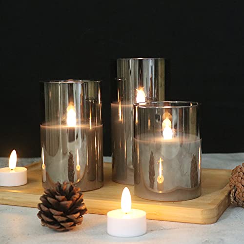 GenSwin Gray Glass Battery Operated Flameless Led Candles with 10-Key Remote and Timer, Real Wax Candles Warm White Flickering Light for Home Decoration(Set of 3)