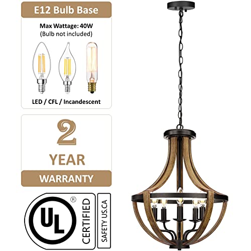 17.7" Modern Farmhouse Geometric Chandelier Light Fixture, 5-Light Adjustable Height Rustic Hanging Pendant Lighting for Dining Room Foyer Kitchen Island, ‎Retro Wood Texture and Black Finish