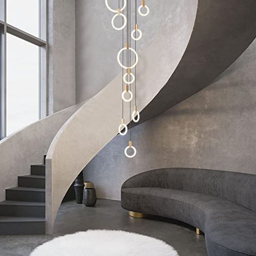 Stair Chandelier Modern LED Ceiling Chandelier Acrylic Circle Wooden Nordic Art Lighting Long Chandelier 15 Rings White Living Room Restaurant Bedroom