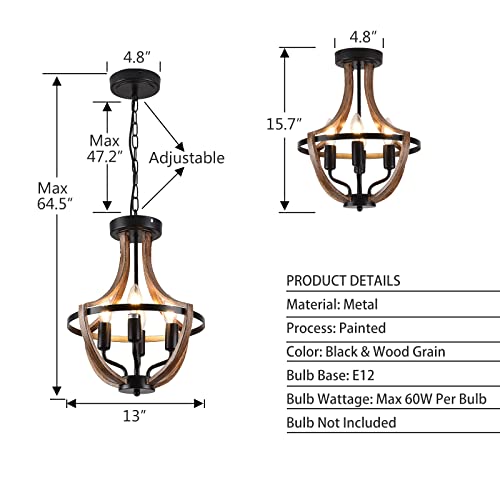 Lanhall 4 Light Farmhouse Chandelier Modern Flush Mount Ceiling Light Fixture Pendant Lighting Hanging Lights for Dining Room, Kitchen Island, Living Room, Bedroom, Foyer, Entryway Metal E12 Base