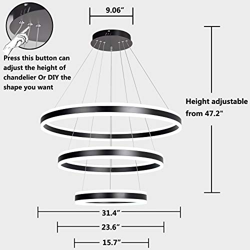 Meenyo Modern LED Chandelier Lighting Dimmable Ceiling Dining Room Chandeliers Contemporary Living Room Light Fixtures Hanging 3 Rings Bedroom Foyer Pendant Lights Black 113W 31.5"Dia