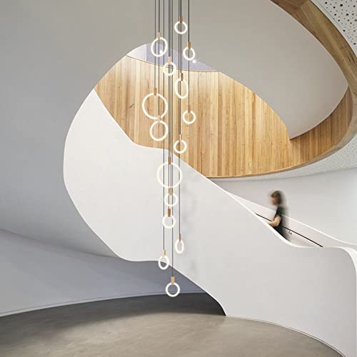 Stair Chandelier Modern LED Ceiling Chandelier Acrylic Circle Wooden Nordic Art Lighting Long Chandelier 15 Rings White Living Room Restaurant Bedroom