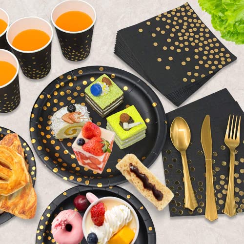 350PCS Black and Gold Party Supplies, Severs 50 Disposable Party Dinnerware, Gold Plastic Forks Knives Spoons and Golden Dot Paper Plates, Black Napkins Cups for Graduation, Birthday, Wedding