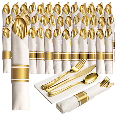 50 Pre Rolled Gold Plastic Silverware - 200pc Set, Service for 50 - Wrapped Disposable Silverware Set with Forks, Knives, Spoons, White Napkins - Fancy Decorative Flatware for Dinner, Party, Wedding