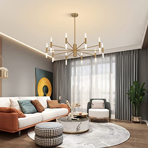 KCO Lighting Modern Gold Brass LED Sputnik Chandelier 20-Light Luxury Round Pendant Lighting Fixture with White Acrylic Lampshade for Dining Room Living Room Bedroom