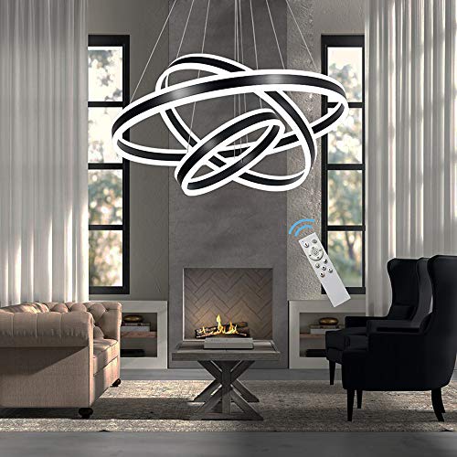 Meenyo Modern LED Chandelier Lighting Dimmable Ceiling Dining Room Chandeliers Contemporary Living Room Light Fixtures Hanging 3 Rings Bedroom Foyer Pendant Lights Black 113W 31.5"Dia