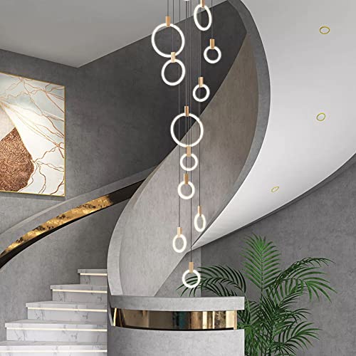 Stair Chandelier Modern LED Ceiling Chandelier Acrylic Circle Wooden Nordic Art Lighting Long Chandelier 15 Rings White Living Room Restaurant Bedroom