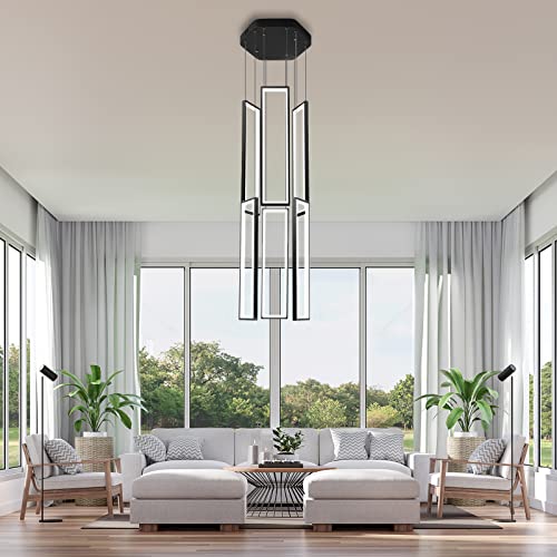 Modern Chandelier Modern Led Chandelier Adjustable Black Chandelier 6 Rings Rectangle Chandelier Living Room Foyer Chandelier Lighting Fixture High Ceiling Chandelier Hanging Modern Ceiling Light