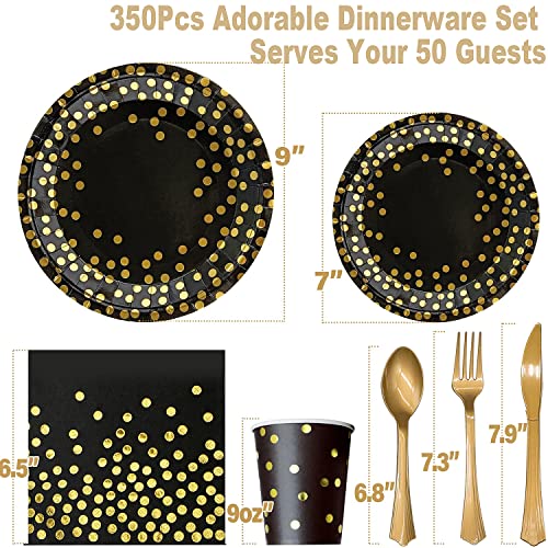 350PCS Black and Gold Party Supplies, Severs 50 Disposable Party Dinnerware, Gold Plastic Forks Knives Spoons and Golden Dot Paper Plates, Black Napkins Cups for Graduation, Birthday, Wedding