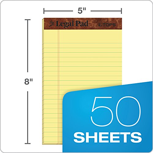 TOPS The Legal Pad Writing Pads, 5" x 8", Jr. Legal Rule, Canary Paper, 50 Sheets, 12 Pack (7501)