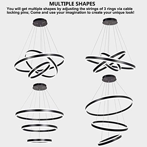 Meenyo Modern LED Chandelier Lighting Dimmable Ceiling Dining Room Chandeliers Contemporary Living Room Light Fixtures Hanging 3 Rings Bedroom Foyer Pendant Lights Black 113W 31.5"Dia