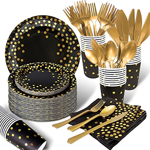 350PCS Black and Gold Party Supplies, Severs 50 Disposable Party Dinnerware, Gold Plastic Forks Knives Spoons and Golden Dot Paper Plates, Black Napkins Cups for Graduation, Birthday, Wedding